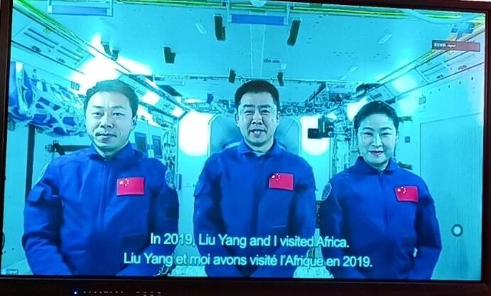 The Chinese astronauts Chen Dong, Liu Yang and Cai Xuzhe in live from Tiangong space station. (Screen play at the Confucius Institute at University Yaoundé II, Cameroon)
